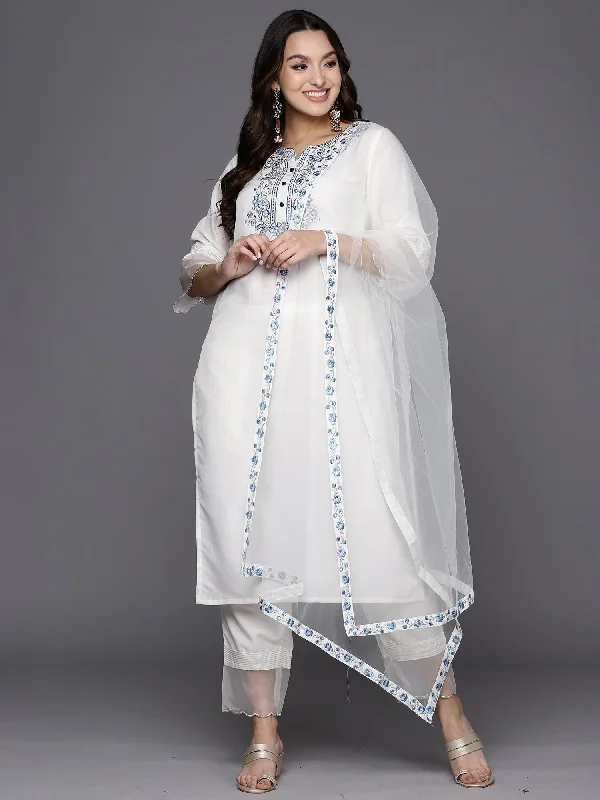 Women's White Embroidered Straight Kurta Trousers With Dupatta Set - Indo Era Trousers Silk Elegant