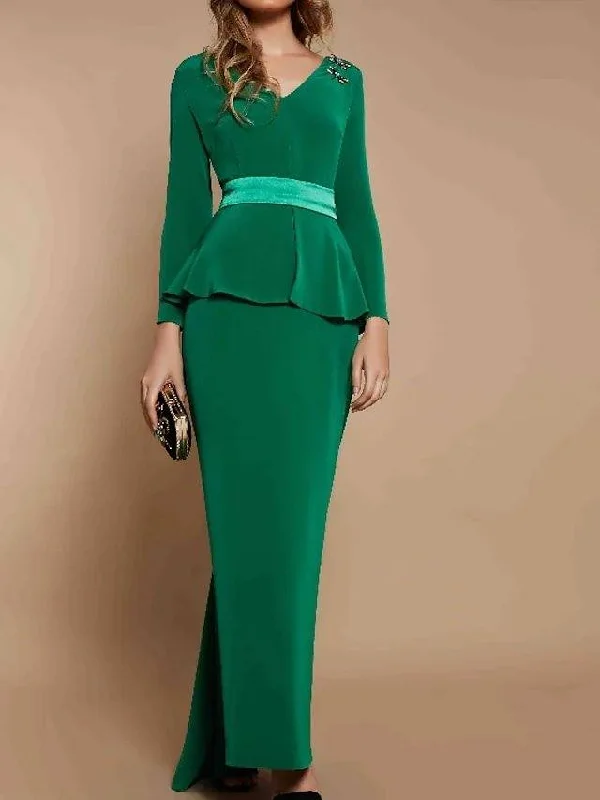 Sheath / Column Mother of the Bride Dress Elegant V Neck Floor Length Charmeuse Long Sleeve with Sash / Ribbon Ruffles Sheath / Column Mother of the Bride Dress Elegant V Neck Floor Length Charmeuse Long Sleeve with Sash / Ribbon Ruffles