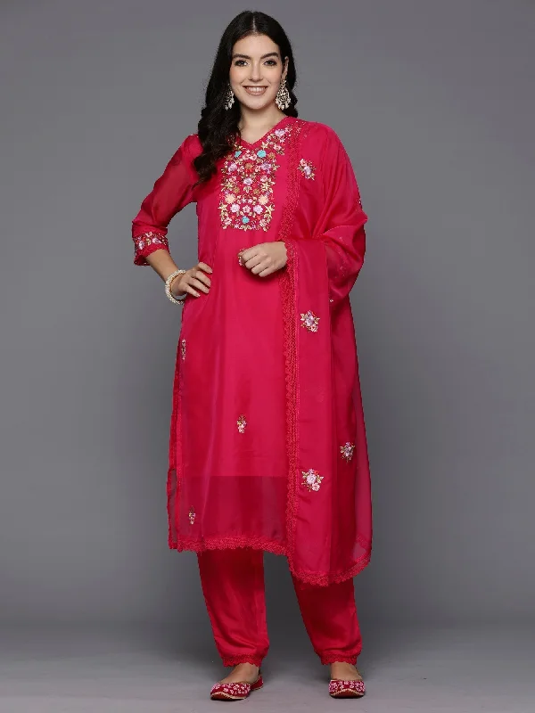 Women's Magenta Embroidered Straight Kurta Trousers With Dupatta Set - Indo Era Trousers Culottes Wide Leg