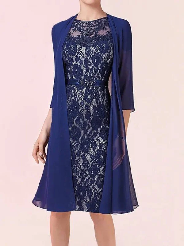 Two Piece Sheath / Column Mother of the Bride Dress Elegant Jewel Neck Knee Length Chiffon Lace 3/4 Length Sleeve with Sash / Ribbon Appliques Two Piece Sheath / Column Mother of the Bride Dress Elegant Jewel Neck Knee Length Chiffon Lace 3/4 Length Sleeve with Sash / Ribbon Appliques