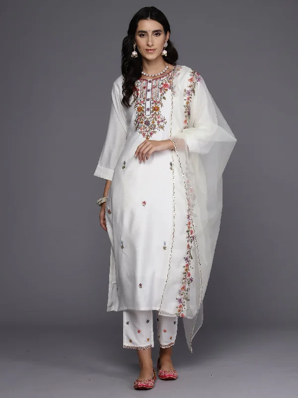 Women's White Embroidered Straight Kurta Trousers With Dupatta Set - Indo Era Trousers Culottes Wide Leg