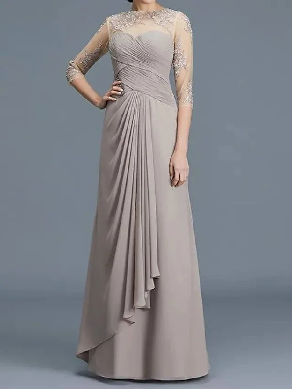 A-Line Mother of the Bride Dress Elegant Illusion Neck Floor Length Chiffon Lace 3/4 Length Sleeve with Lace Appliques Ruching A-Line Mother of the Bride Dress Elegant Illusion Neck Floor Length Chiffon Lace 3/4 Length Sleeve with Lace Appliques Ruching