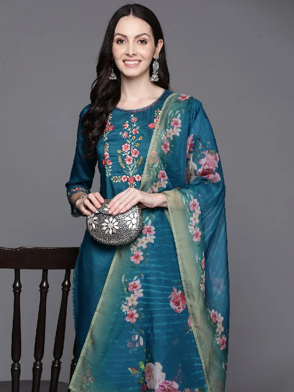 Women's Blue Embroidered Straight Kurta Trousers With Dupatta Set - Indo Era Trousers Cargo Utility