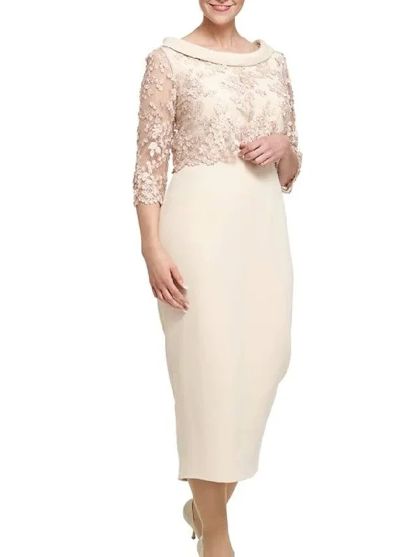 Sheath / Column Mother of the Bride Dress Elegant Jewel Neck Knee Length Lace Satin 3/4 Length Sleeve with Appliques Sheath / Column Mother of the Bride Dress Elegant Jewel Neck Knee Length Lace Satin 3/4 Length Sleeve with Appliques