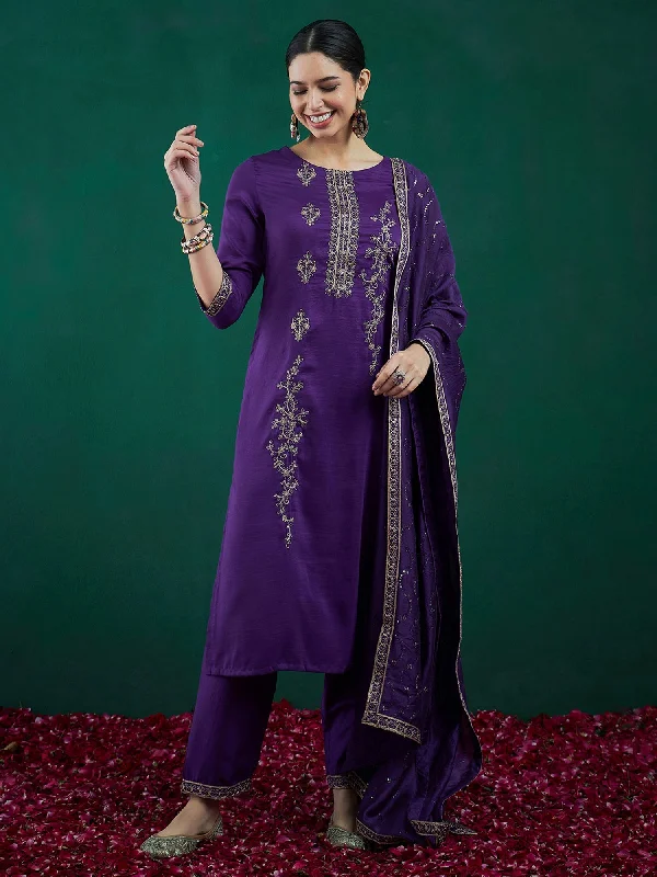 Women's Purple Embroidered Straight Kurta Trousers With Dupatta Set - Indo Era Trousers Flared Retro