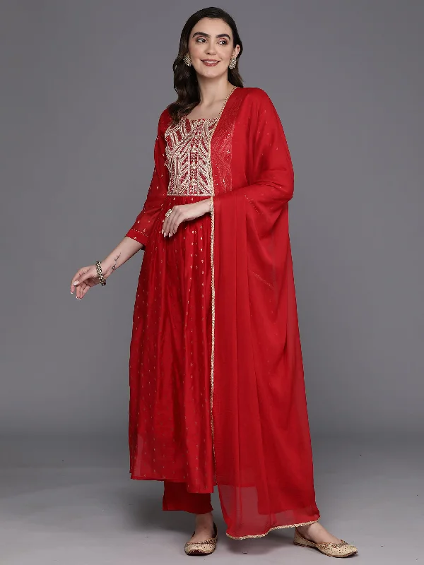 Women's Red Embroidered A-Line Kurta Trousers With Dupatta Set - Indo Era Trousers sophisticated sleek