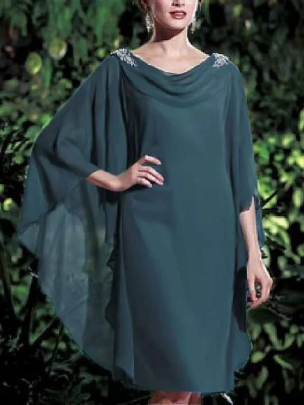 Sheath / Column Mother of the Bride Dress Elegant Bateau Neck Knee Length Chiffon 3/4 Length Sleeve with Pearls Sheath / Column Mother of the Bride Dress Elegant Bateau Neck Knee Length Chiffon 3/4 Length Sleeve with Pearls