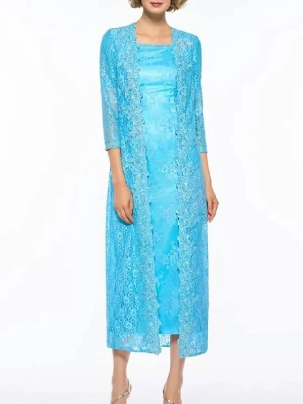 Two Piece Sheath / Column Mother of the Bride Dress Elegant Square Neck Ankle Length Lace 3/4 Length Sleeve with Lace Two Piece Sheath / Column Mother of the Bride Dress Elegant Square Neck Ankle Length Lace 3/4 Length Sleeve with Lace