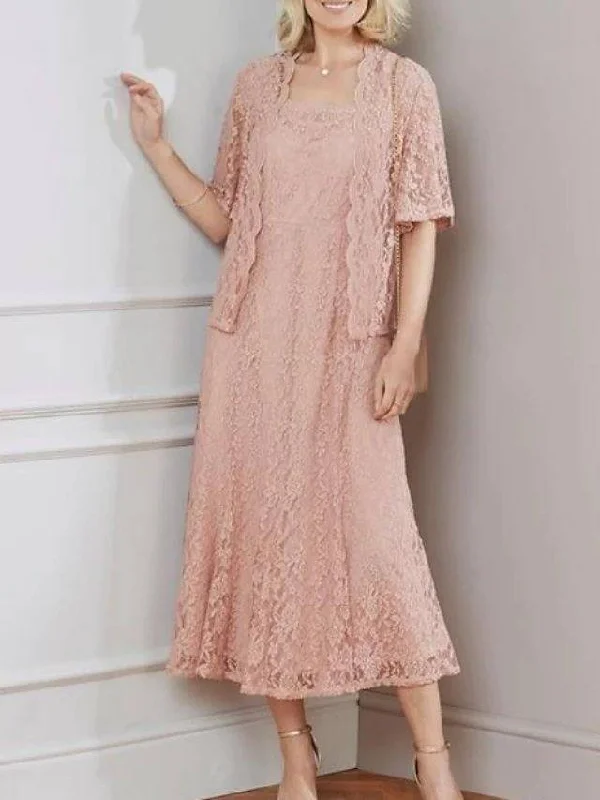 Two Piece Sheath / Column Mother of the Bride Dress Elegant Square Neck Ankle Length Lace Half Sleeve with Pleats Embroidery Two Piece Sheath / Column Mother of the Bride Dress Elegant Square Neck Ankle Length Lace Half Sleeve with Pleats Embroidery