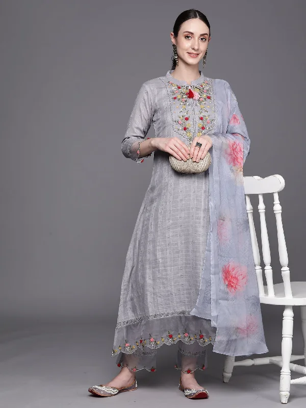 Women's Grey Embroidered A-Line Kurta Trousers With Dupatta Set - Indo Era Trousers Formal Black