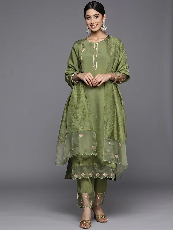 Women's Green Embroidered Straight Kurta Trousers With Dupatta Set - Indo Era Trousers Canvas Durable