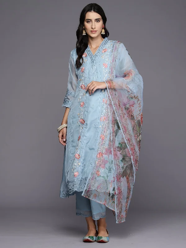 Women's Blue Embroidered Straight Kurta Trousers With Dupatta Set - Indo Era Trousers Harem Relaxed Fit