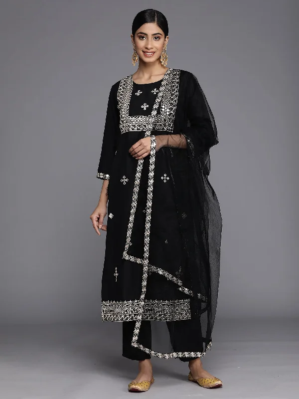 Women's Black Embroidered Straight Kurta Trousers With Dupatta Set - Indo Era Trousers Print Floral