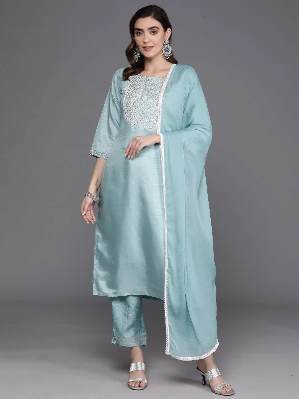 Women's Blue Embroidered Straight Kurta Trousers With Dupatta Set - Indo Era Trousers Party Sparkling