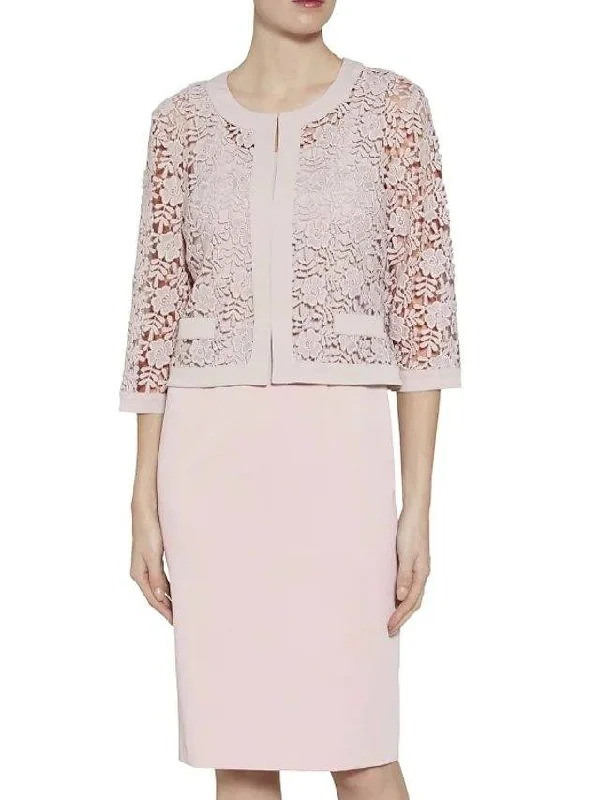 Two Piece Sheath / Column Mother of the Bride Dress Elegant Scoop Neck Knee Length Lace Satin 3/4 Length Sleeve with Appliques Two Piece Sheath / Column Mother of the Bride Dress Elegant Scoop Neck Knee Length Lace Satin 3/4 Length Sleeve with Appliques