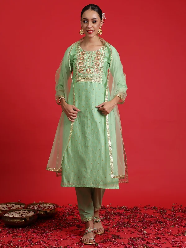 Women's Green Embroidered Straight Kurta Trousers With Dupatta Set - Indo Era Trousers Custom Made