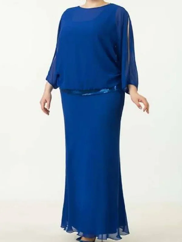 Sheath / Column Mother of the Bride Dress Elegant Jewel Neck Floor Length Chiffon Sequined 3/4 Length Sleeve with Ruffles Sheath / Column Mother of the Bride Dress Elegant Jewel Neck Floor Length Chiffon Sequined 3/4 Length Sleeve with Ruffles