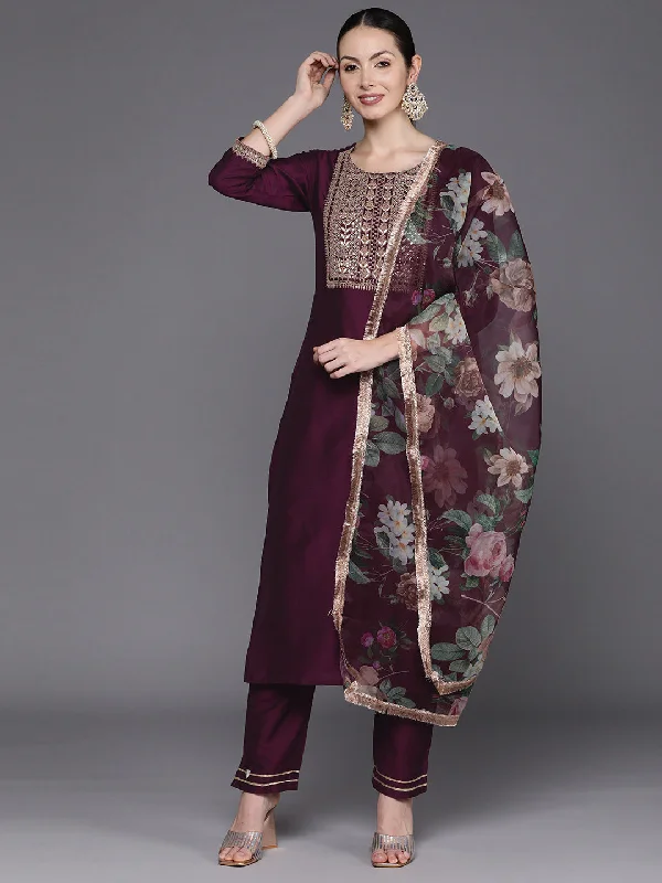 Women's Wine Embroidered Straight Kurta Trousers With Dupatta Set - Indo Era Trousers versatile functional