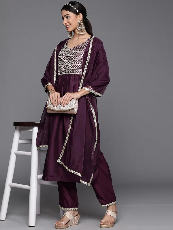 Women's Purple Solid Straight Kurta Trouser With Dupatta Set - Indo Era Trousers sophisticated sleek