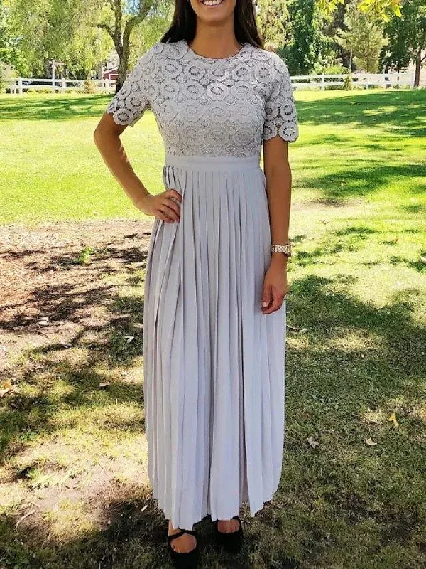 Sheath / Column Mother of the Bride Dress Elegant Jewel Neck Floor Length Chiffon Lace Short Sleeve with Lace Appliques Ruching Sheath / Column Mother of the Bride Dress Elegant Jewel Neck Floor Length Chiffon Lace Short Sleeve with Lace Appliques Ruching