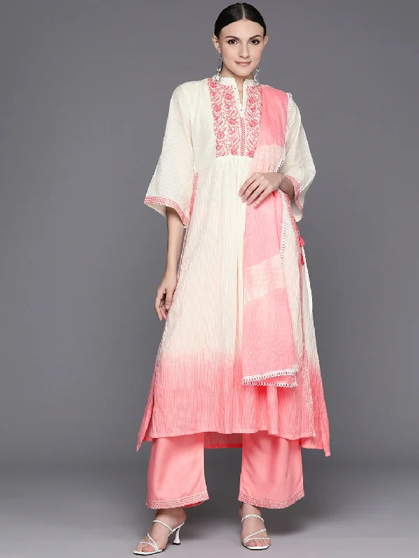 Women's Pink Embroidered A-Line Kurta Trousers With Dupatta Set - Indo Era Trousers Custom Made