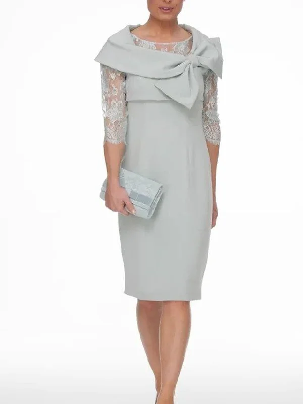 Sheath / Column Mother of the Bride Dress Elegant Jewel Neck Knee Length Chiffon Lace 3/4 Length Sleeve with Bow(s) Embroidery Sheath / Column Mother of the Bride Dress Elegant Jewel Neck Knee Length Chiffon Lace 3/4 Length Sleeve with Bow(s) Embroidery