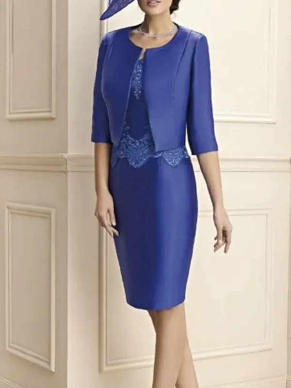 Sheath / Column Mother of the Bride Dress Elegant Jewel Neck Knee Length Lace Satin Half Sleeve with Appliques Sheath / Column Mother of the Bride Dress Elegant Jewel Neck Knee Length Lace Satin Half Sleeve with Appliques