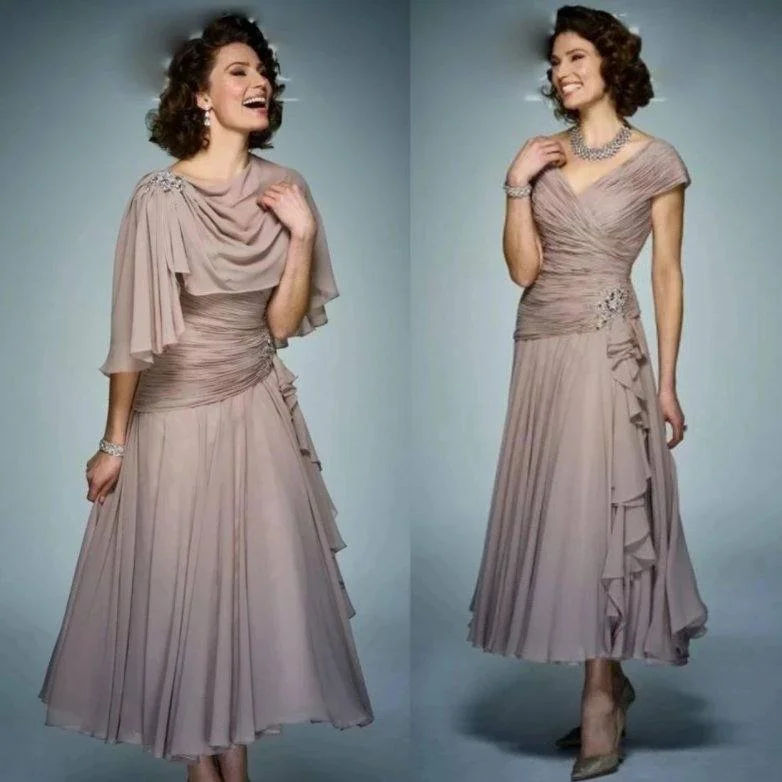Tea Length Mother Of The Bride Dresses A-line Off The Shoulder Chiffon Beaded Plus Size Long Groom Mother Dresses Wedding Tea Length Mother Of The Bride Dresses A-line Off The Shoulder Chiffon Beaded Plus Size Long Groom Mother Dresses Wedding