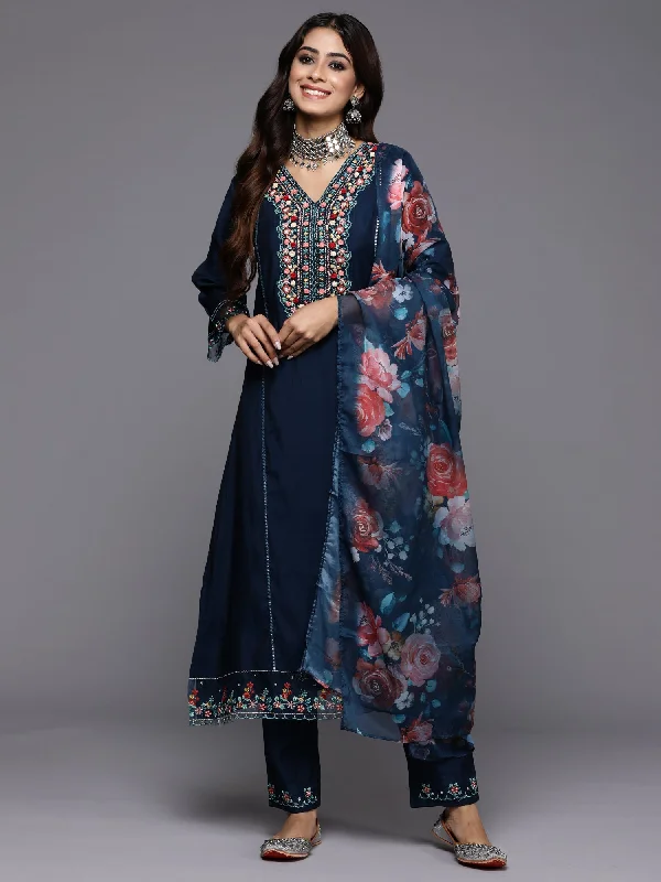 Women's Blue Embroidered A-Line Kurta Trousers With Dupatta Set - Indo Era Trousers Brand Named