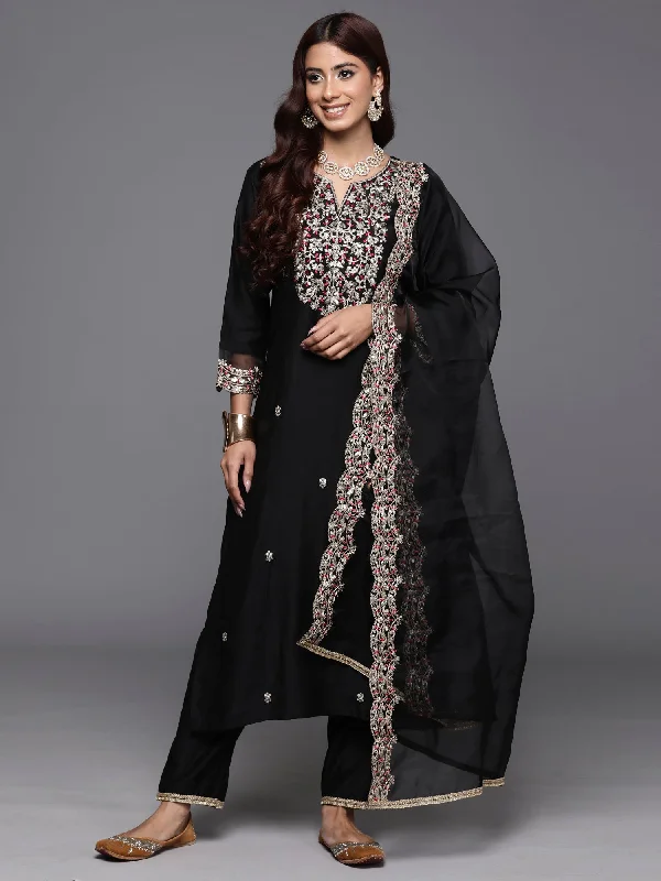 Women's Black Embroidered Straight Kurta Trousers With Dupatta Set - Indo Era Trousers Yoga Stretchy