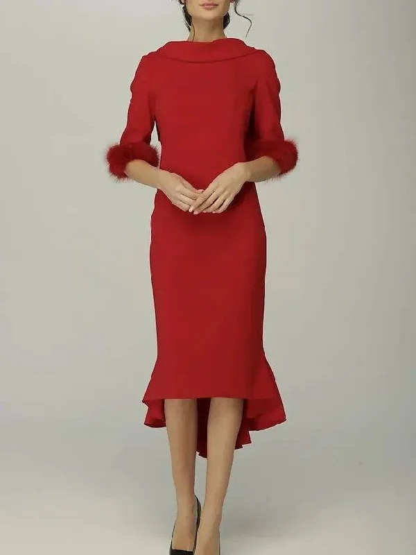Sheath / Column Mother of the Bride Dress Elegant High Neck Asymmetrical Stretch Fabric Half Sleeve with Ruffles Sheath / Column Mother of the Bride Dress Elegant High Neck Asymmetrical Stretch Fabric Half Sleeve with Ruffles