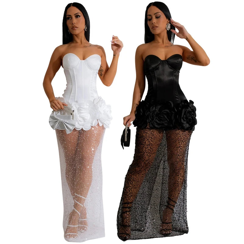 2024 new arrivals women ladies luxury sexy white fairy sequin bling mesh sheer flower party evening ball gown dress for women