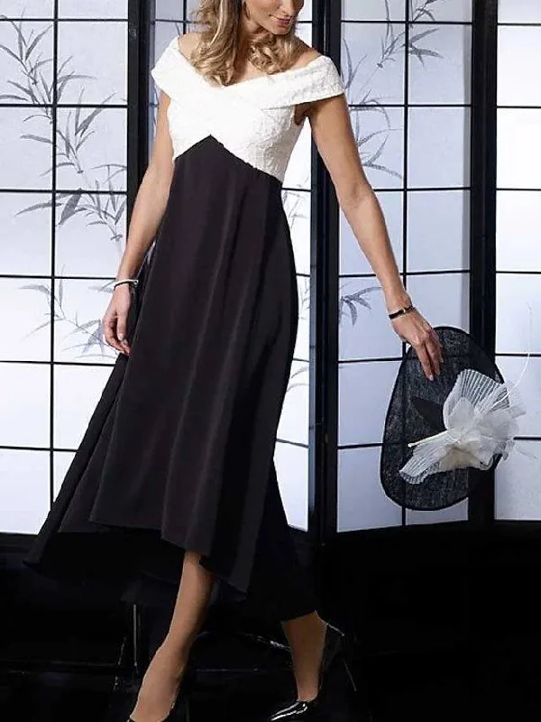 A-Line Mother of the Bride Dress Elegant Off Shoulder Floor Length Lace Stretch Satin Sleeveless with Pleats Split Front A-Line Mother of the Bride Dress Elegant Off Shoulder Floor Length Lace Stretch Satin Sleeveless with Pleats Split Front