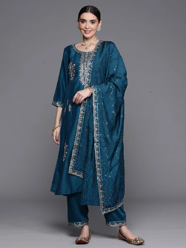 Women's Teal Embroidered Ethnic Straight Kurta Trousers With Dupatta Set - Indo Era Trousers Essential Wardrobe