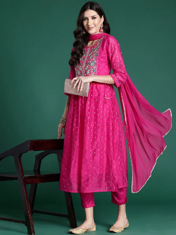 Women's Pink Embroidered A-Line Kurta Trousers With Dupatta Set - Indo Era High Waist Slim Fit Ankle Length