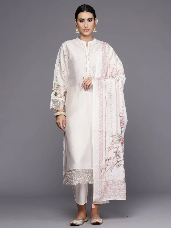 Women's White Embroidered Straight Kurta Trousers With Dupatta Set - Indo Era Trousers fashionable trendy