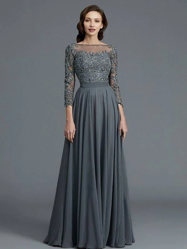 A-Line/Princess 3/4 Sleeves Bateau Floor-Length Chiffon Mother of the Bride Dresses