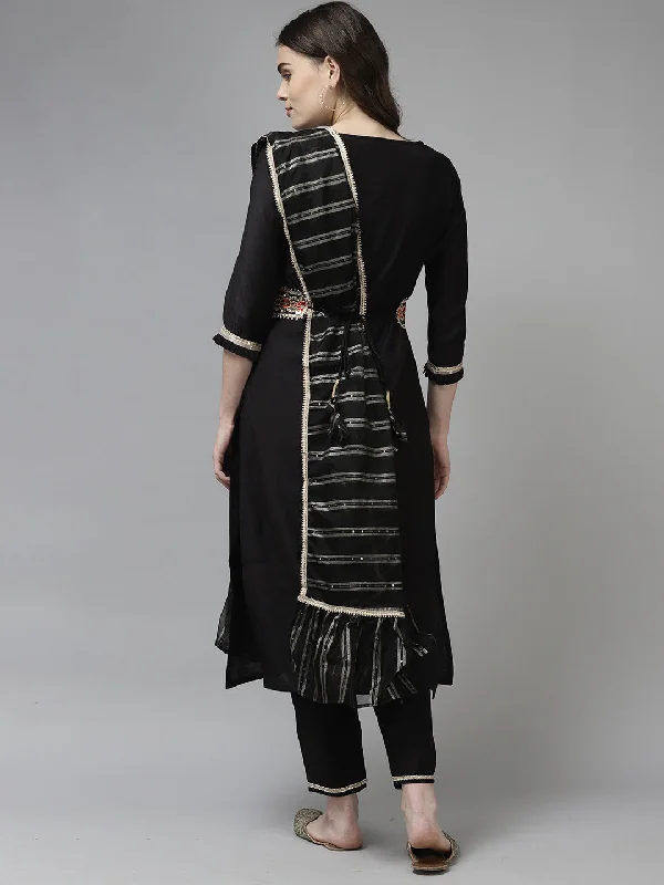 Women's Black Solid Straight Kurta Trouser With Dupatta And Belt Set  - Indo Era Trousers cozy comfortable