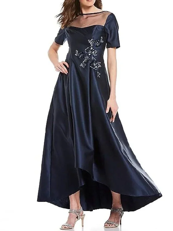 A-Line Mother of the Bride Dress Elegant Illusion Neck Asymmetrical Satin Short Sleeve with Beading Appliques A-Line Mother of the Bride Dress Elegant Illusion Neck Asymmetrical Satin Short Sleeve with Beading Appliques