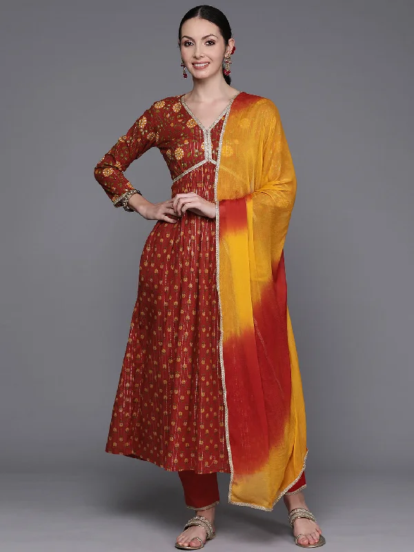 Women's Red Printed A-Line Kurta Trousers With Dupatta Set - Indo Era Trousers Bestseller Popular