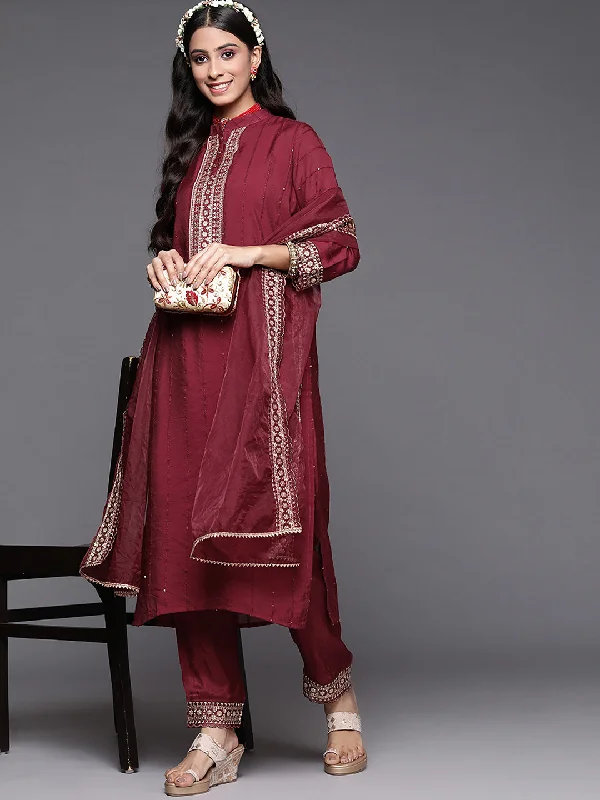 Women's Maroon Embroidered Straight Kurta Trousers With Dupatta Set - Indo Era Trousers Handmade Artisanal