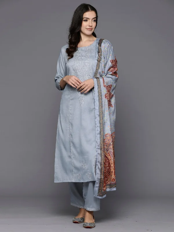 Women's Grey Embroidered Straight Kurta Trousers With Dupatta Set - Indo Era Trousers Denim Distressed