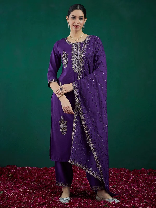 Women's Purple Embroidered Straight Kurta Trousers With Dupatta Set - Indo Era Trousers Fleece Cozy