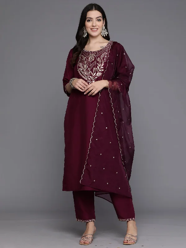 Women's Purple Embroidered Straight Kurta Trousers With Dupatta Set - Indo Era Trousers Spring Floral