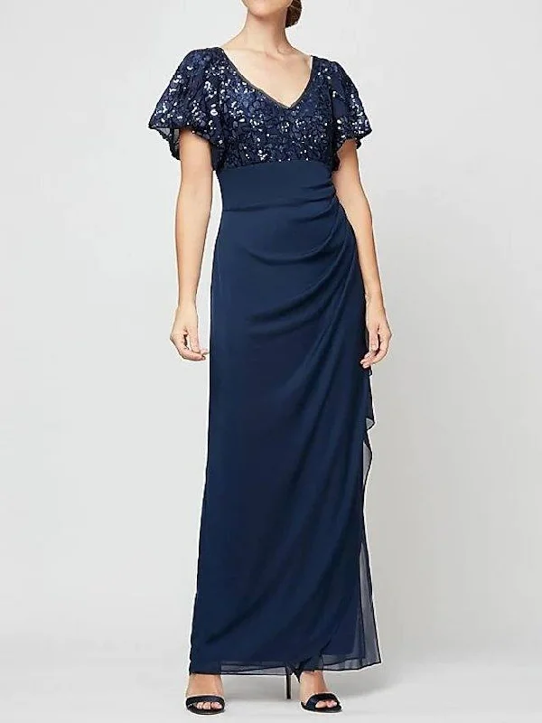 Sheath / Column Mother of the Bride Dress Elegant V Neck Floor Length Chiffon Sequined Short Sleeve with Sequin Ruching Sheath / Column Mother of the Bride Dress Elegant V Neck Floor Length Chiffon Sequined Short Sleeve with Sequin Ruching