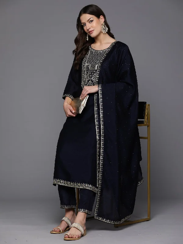 Women's Navy Blue Embroidered Straight Kurta Trousers With Dupatta Set - Indo Era Trousers Corduroy Warm