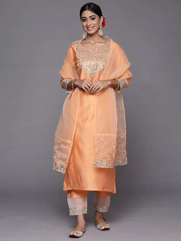 Women's Peach Embroidered Straight Kurta Trousers With Dupatta Set - Indo Era Trousers Versatile Stylish