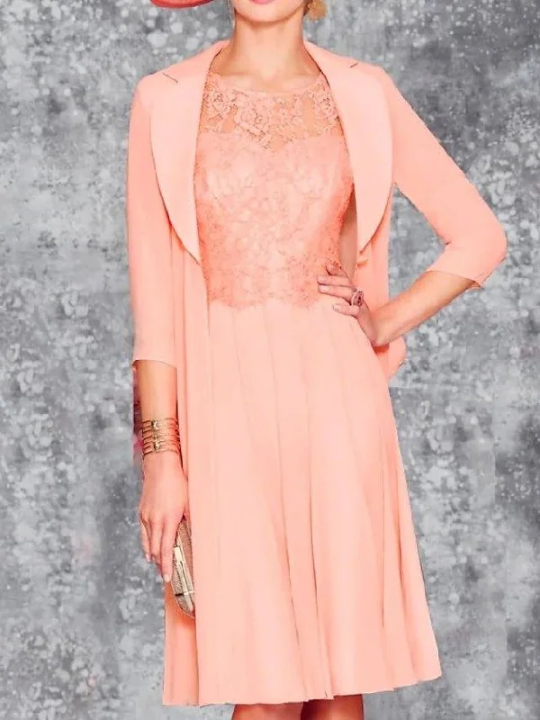 Two Piece A-Line Mother of the Bride Dress Elegant Jewel Neck Knee Length Chiffon 3/4 Length Sleeve with Pleats Embroidery Two Piece A-Line Mother of the Bride Dress Elegant Jewel Neck Knee Length Chiffon 3/4 Length Sleeve with Pleats Embroidery