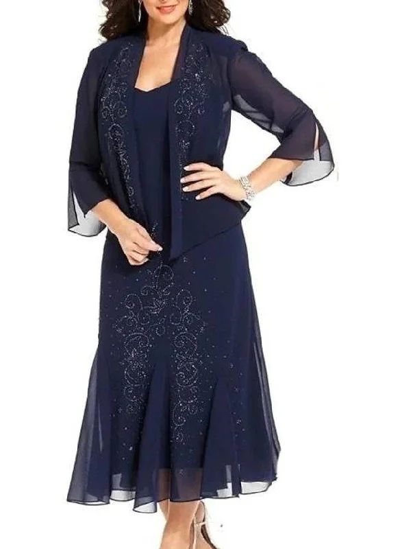 Sheath / Column Mother of the Bride Dress Sexy Bateau Neck Ankle Length Chiffon Long Sleeve with Lace Sheath / Column Mother of the Bride Dress Sexy Bateau Neck Ankle Length Chiffon Long Sleeve with Lace