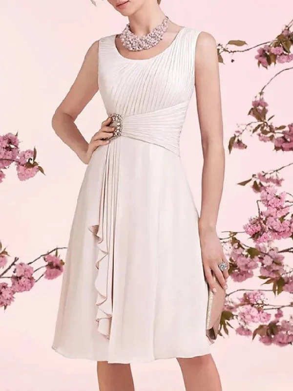 A-Line Mother of the Bride Dress Elegant Jewel Neck Knee Length Chiffon Sleeveless with Sash / Ribbon Pleats